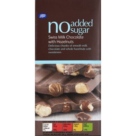 Boots No Added Sugar Swiss Milk Chocolate With Hazelnuts 100G