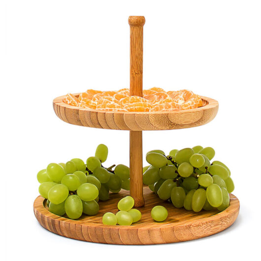 Relaxdays Bamboo Etagere 25 cm x 25 cm Fruit Etagere Wooden With 2 Round Plates For Snacks, Sweets, Baked Goods, Nuts, Etc, Fruit Serving Tray