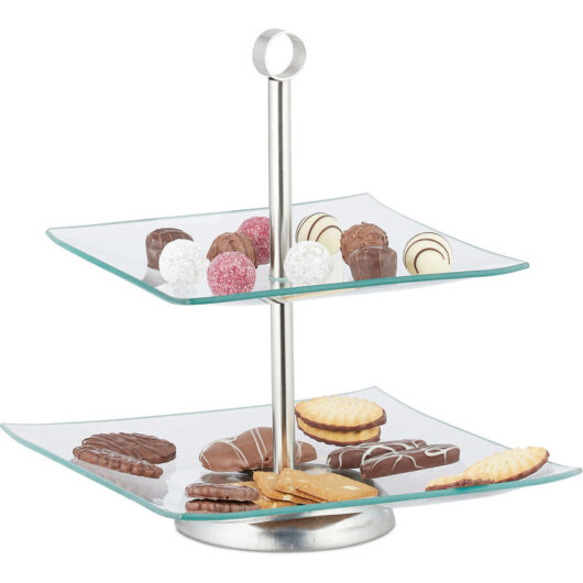 Relaxdays - tagère, 2-Tier, Cupcake, Cookies, Fruit, Muffin Serving Stand, Glass, Stainless Steel, Silver/Clear